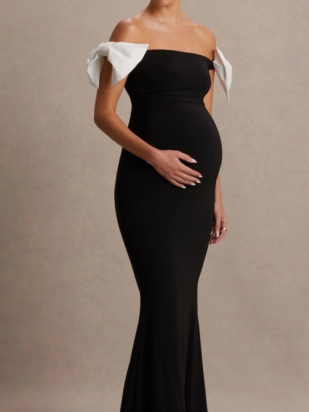 Club L London Black Off-Shoulder Maternity Gown with White Bow Sleeves